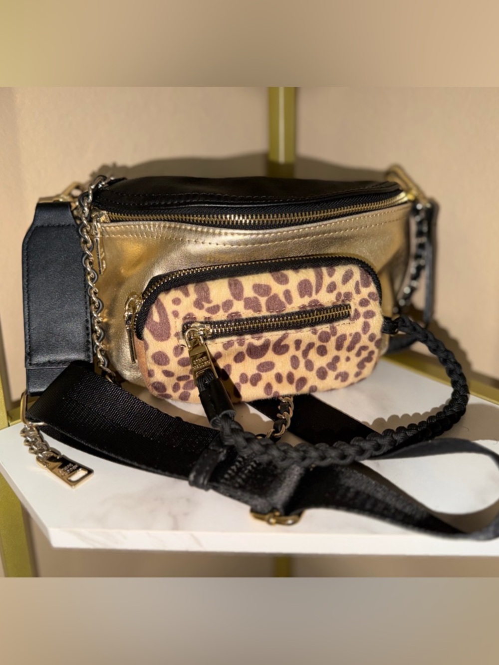 Steve Madden Gold Metallic and Leopard Print Crossbody Bag
